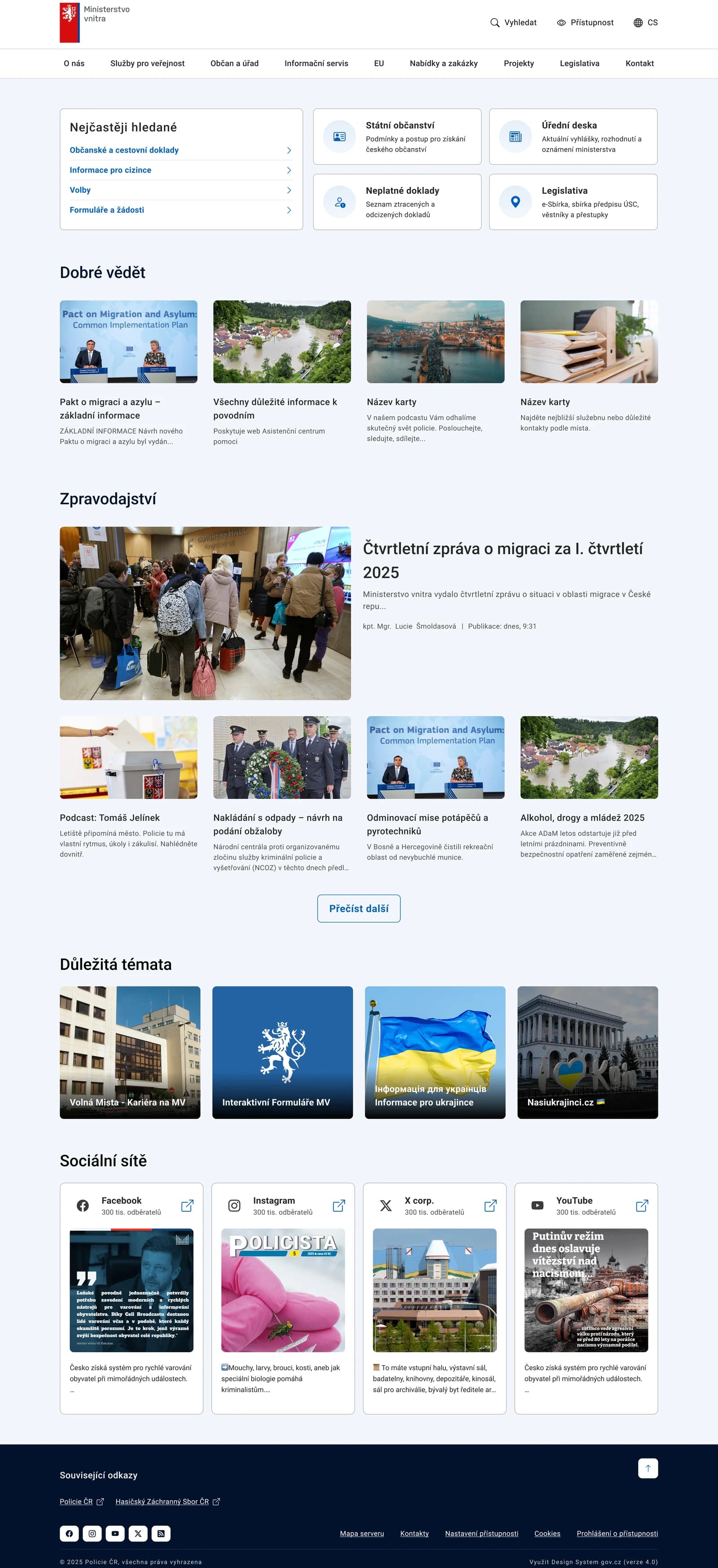 Full homepage of the Czech Ministry of the Interior public website on the gov.cz Design System.
