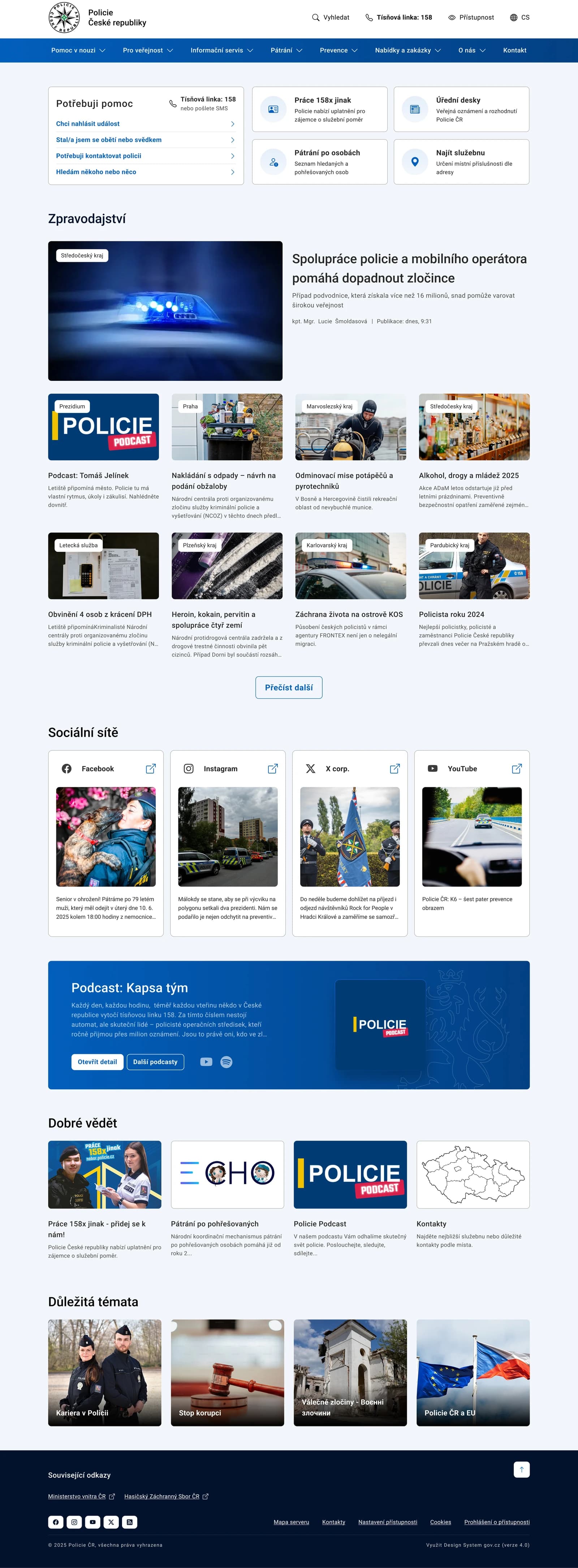 Full homepage of the Police of the Czech Republic public website.