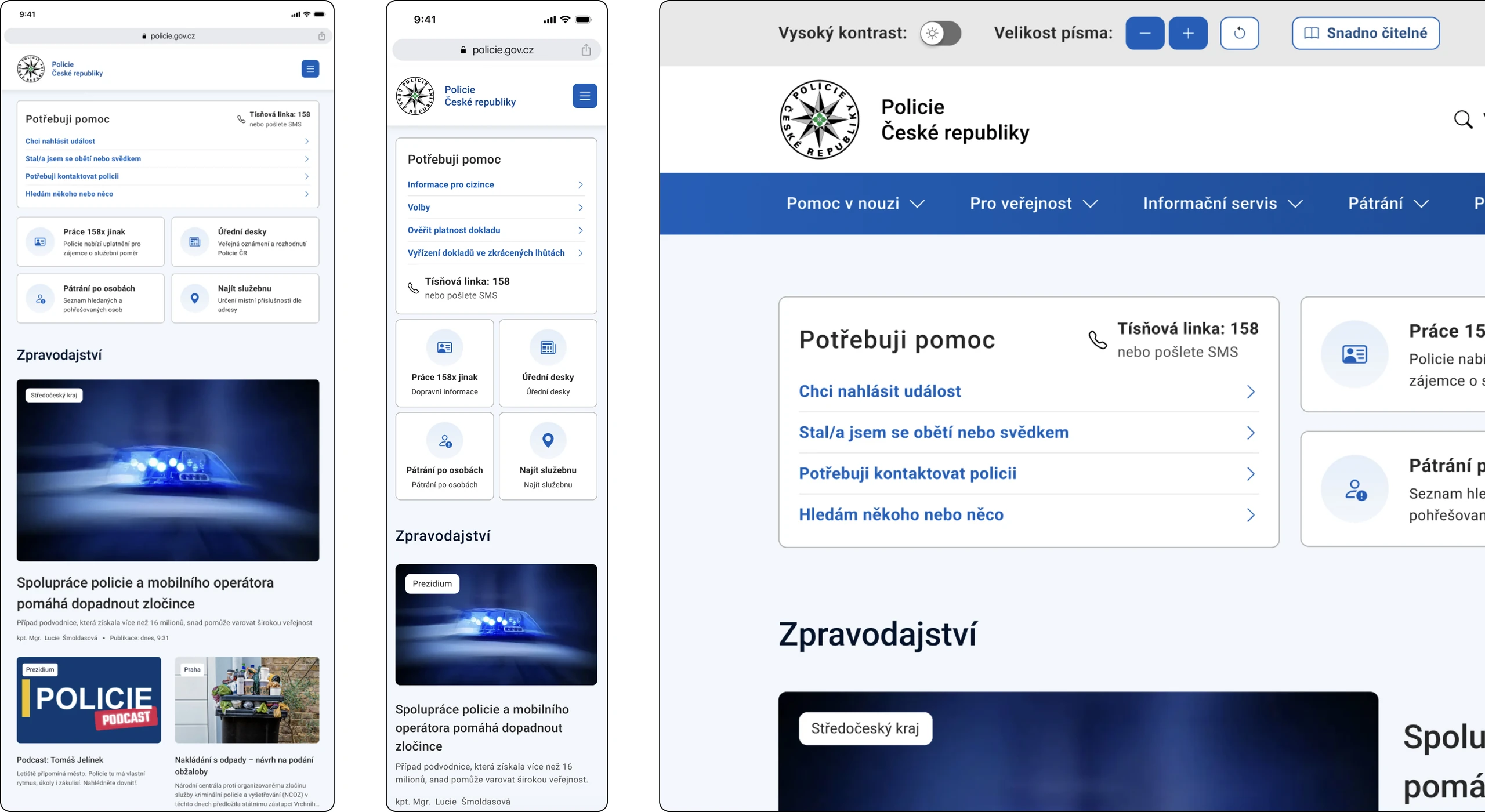 Three side-by-side views of the Police website at mobile and desktop breakpoints, with an accessibility toolbar visible in the desktop view.